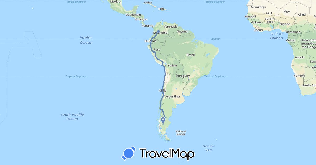 TravelMap itinerary: driving, cycling in Argentina, Chile, Colombia, Ecuador, Peru (South America)